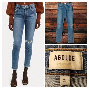 Agolde Jeans Size 27 Nico Ankle Crop High Rise Button Fly Distressed Blue Denim